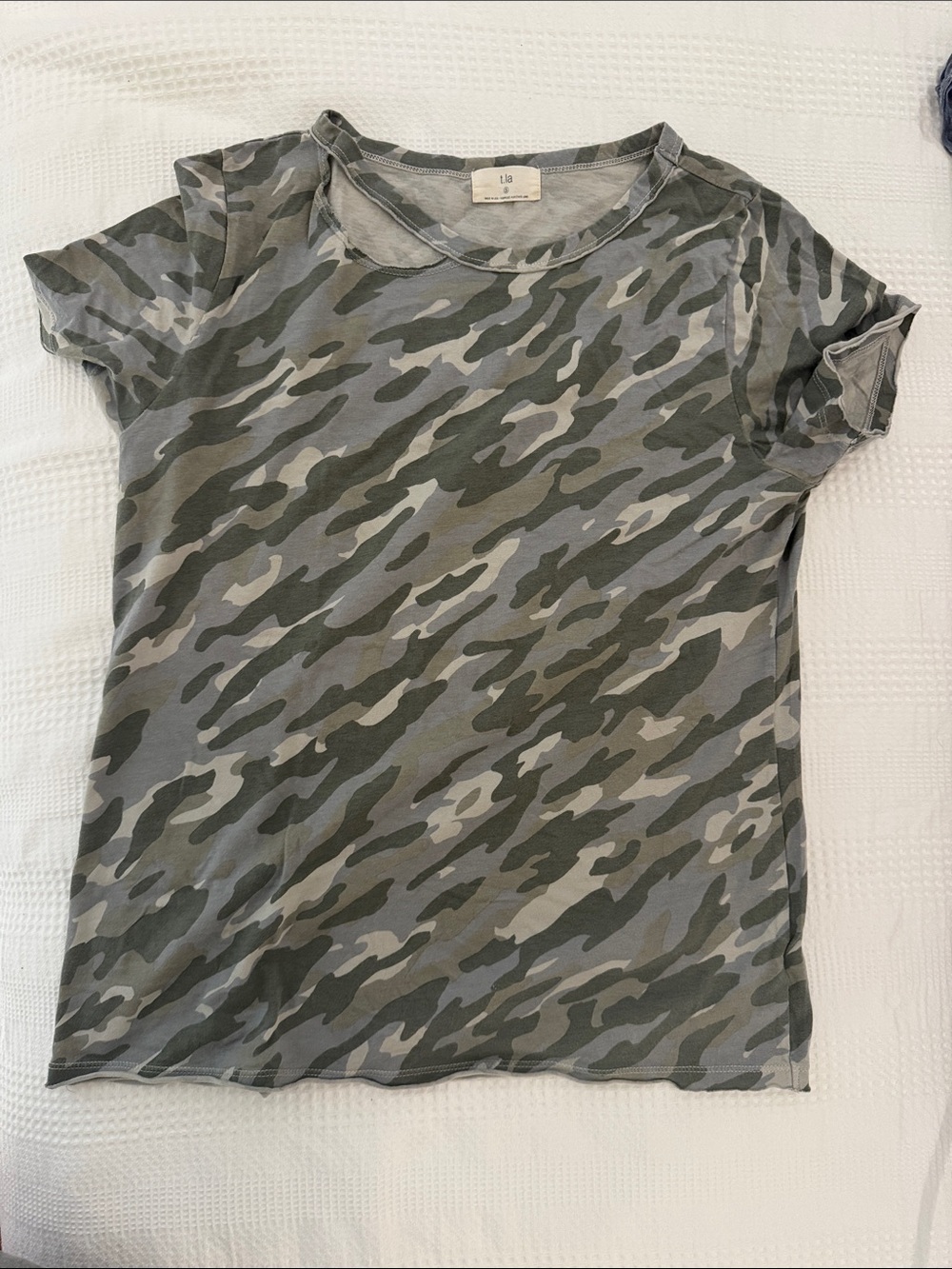 T.La Women's Short Sleeve Camo Tee in Olive and Light Gray